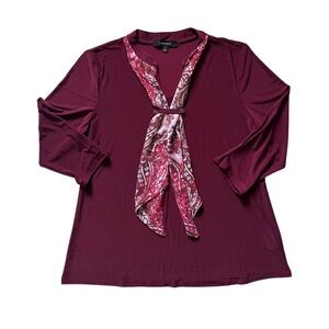 Burgundy Blouse Sz L Scarf Tie Top V Neck 3/4 Sleeve Office Career Preppy